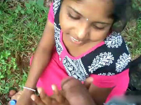 Indian girl gives a POV blowjob in the backyard